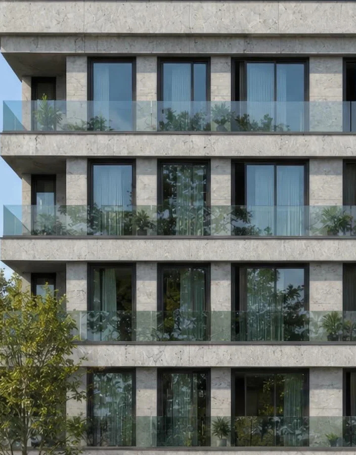 Cadde Loca cephesinden doğal taş ve cam balkon detayı